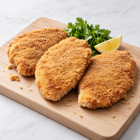 Three golden crumbed chicken breast schnitzels on a timber serving board