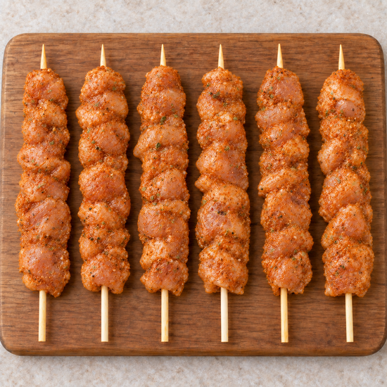 Six oregano-seasoned chicken kebabs on a timber serving board