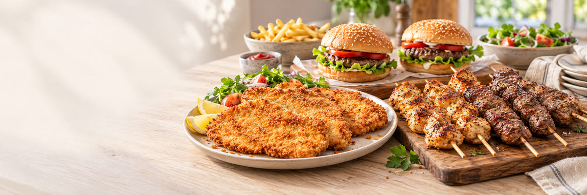 Chicken schnitzels, a schnitzel burger and grilled chicken kebabs from the Triple C website