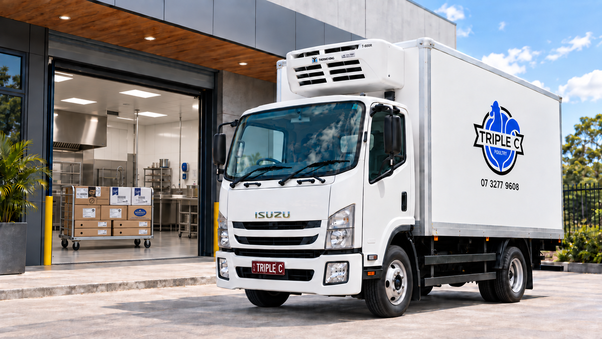 Triple C Poultry refrigerated delivery truck beside wholesale foodservice cartons at a commercial kitchen in Brisbane