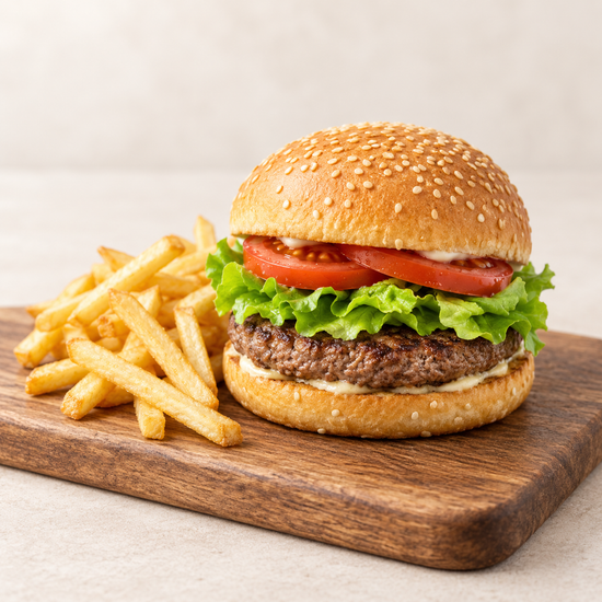 Beef burger with lettuce and tomato served with golden fries