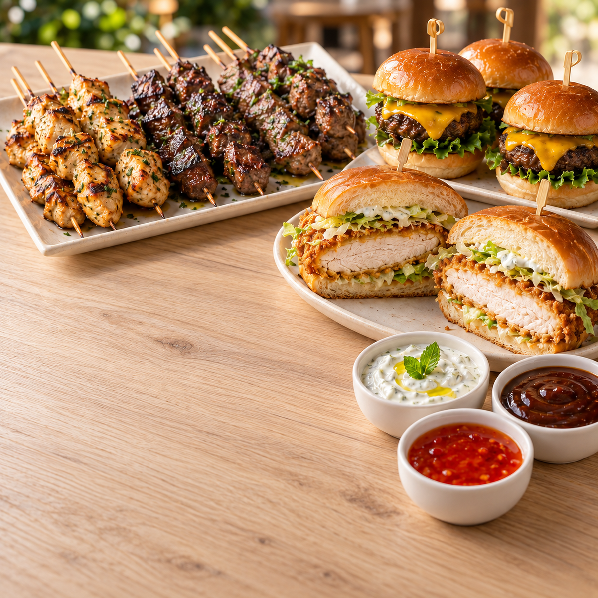 Catering serving suggestions with skewers, sliders and schnitzel burgers
