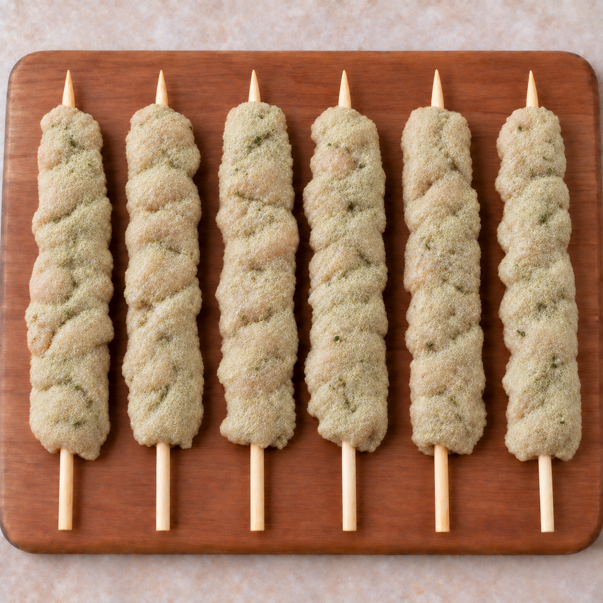 Large Mediterranean Chicken Kebabs 125g arranged on a wooden board