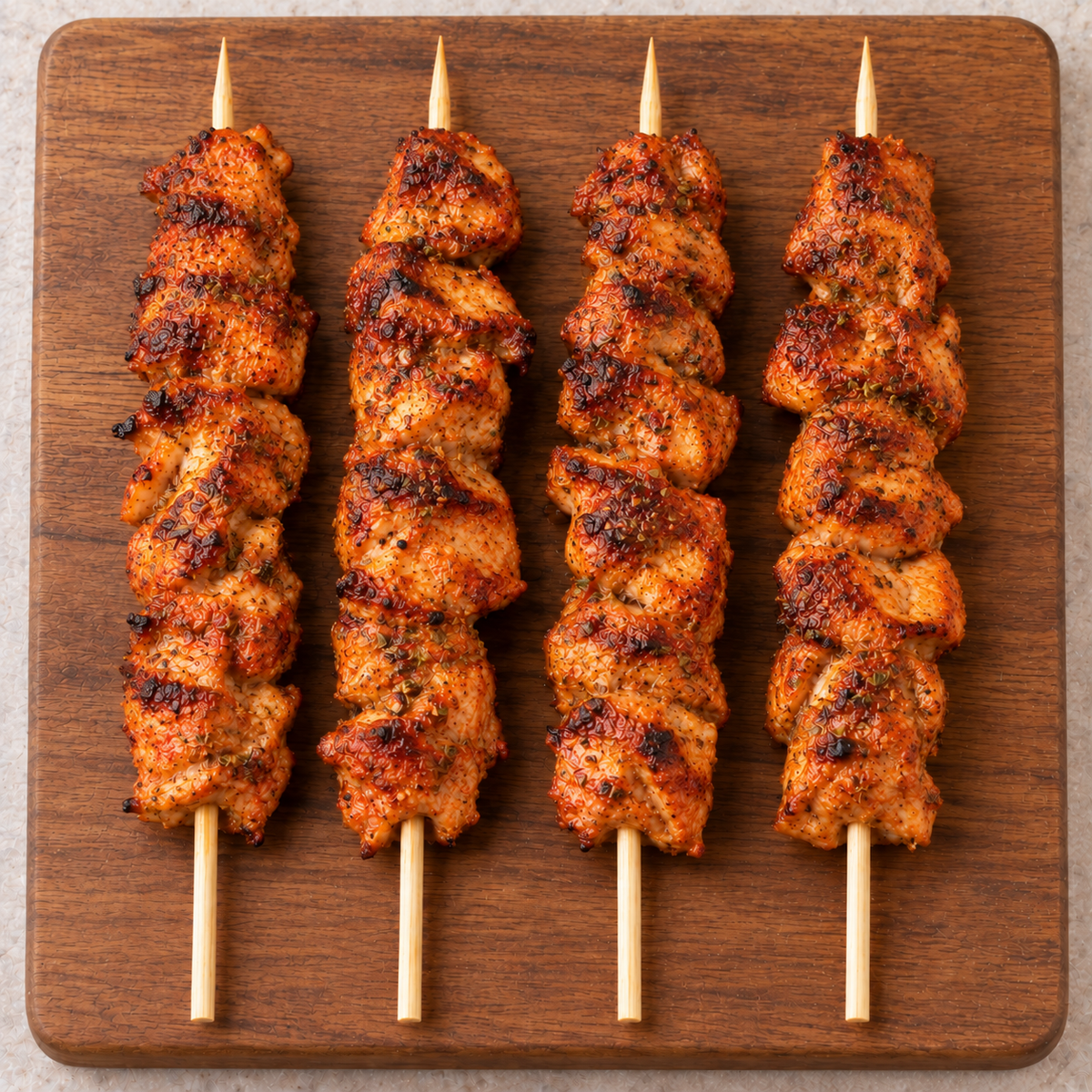 Four cooked Portuguese chicken kebabs with red spice seasoning and light char, arranged on a wooden serving board.