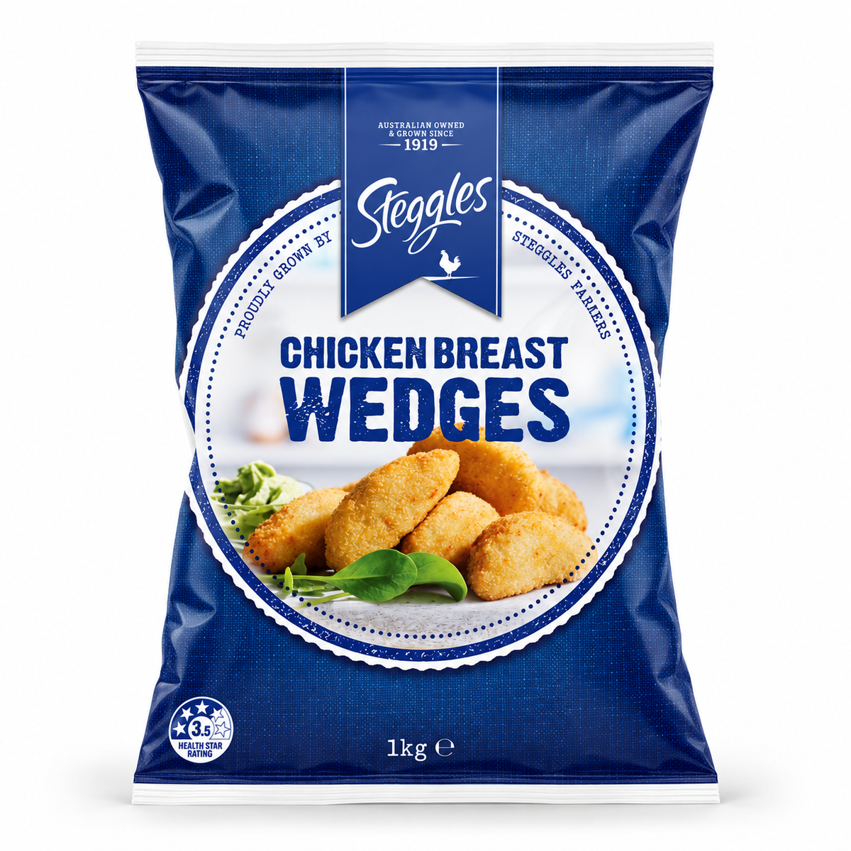 Steggles Chicken Breast Wedges 1kg frozen retail bag displayed against a clean white background.
