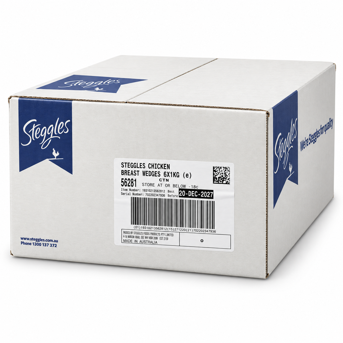 Steggles Chicken Breast Wedges frozen 6 × 1kg carton, product code 56281.
