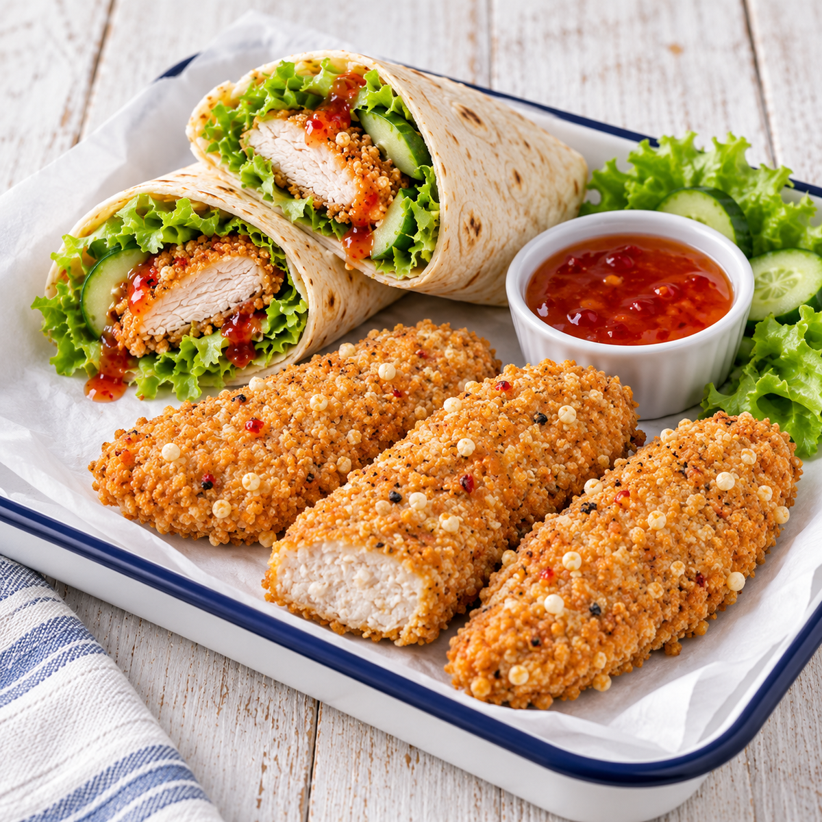 Steggles Sweet Chilli Chicken Tenders served with fresh chicken wraps, lettuce, cucumber and sweet chilli dipping sauce.