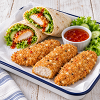 Steggles Sweet Chilli Chicken Tenders served with fresh chicken wraps, lettuce, cucumber and sweet chilli dipping sauce.