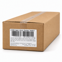 Brown 5kg carton containing five 1kg bags of frozen Sweet Chilli Chicken Tenders, product code 412908.