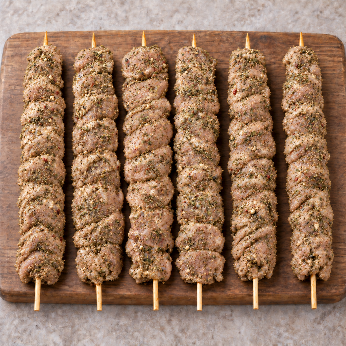 Six raw XL Mediterranean chicken kebabs with a dry green herb seasoning, arranged vertically on a rustic wooden board.