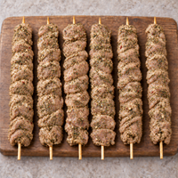 Six raw XL Mediterranean chicken kebabs with a dry green herb seasoning, arranged vertically on a rustic wooden board.
