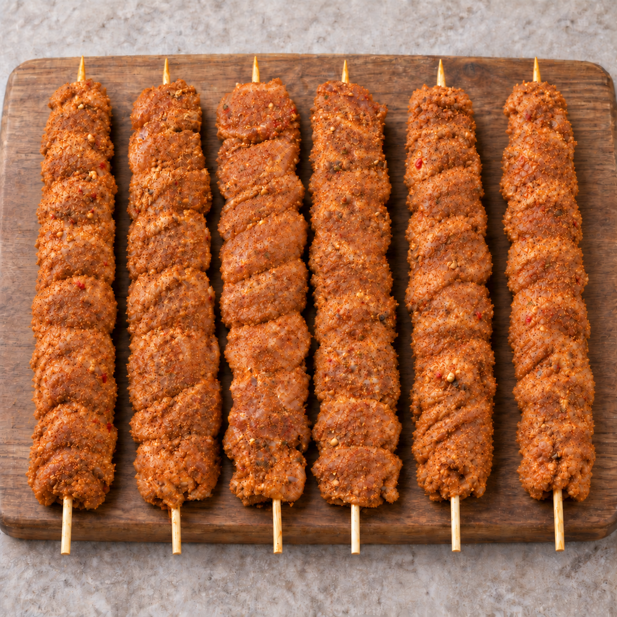 Six raw XL oregano chicken kebabs on wooden skewers arranged vertically on a rustic wooden board.