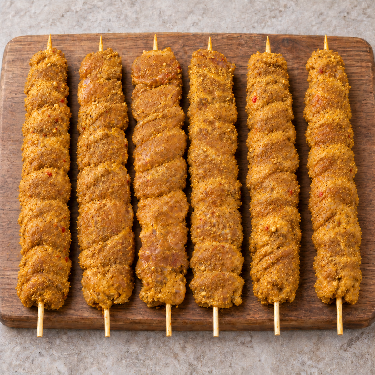 Six raw 130g XL satay chicken kebabs on bamboo skewers, arranged vertically on a wooden board.
