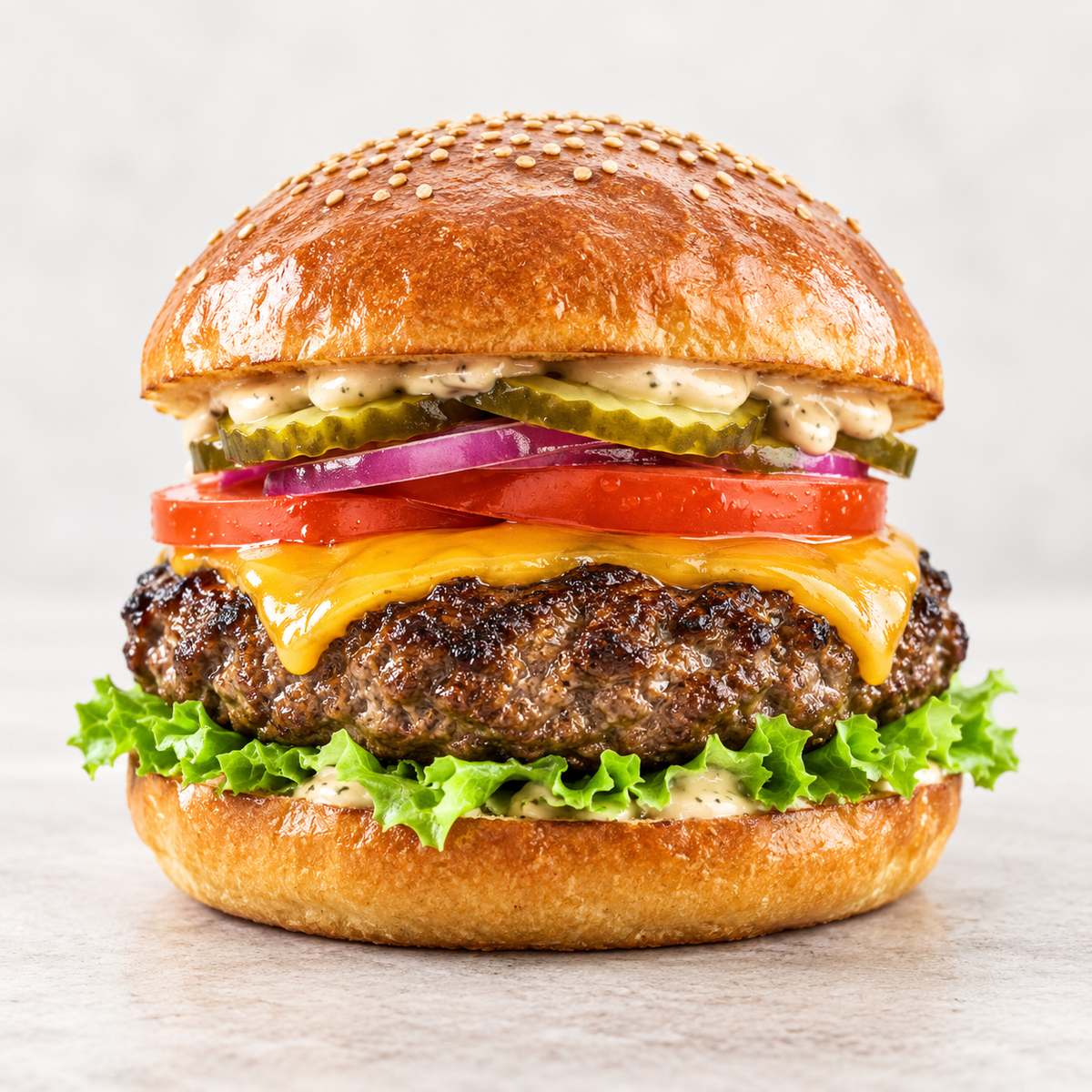 Cooked Angel Bay 150g Angus beef burger with cheese, lettuce, tomato, pickles and burger sauce