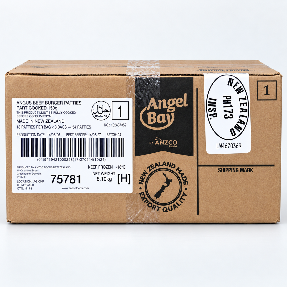 Angel Bay Angus Beef Burger Patties 150g carton containing 54 part-cooked frozen patties
