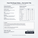 Nutrition information, cooking instructions, ingredients and allergens for Angel Bay Angus Beef Burger Patties 150g
