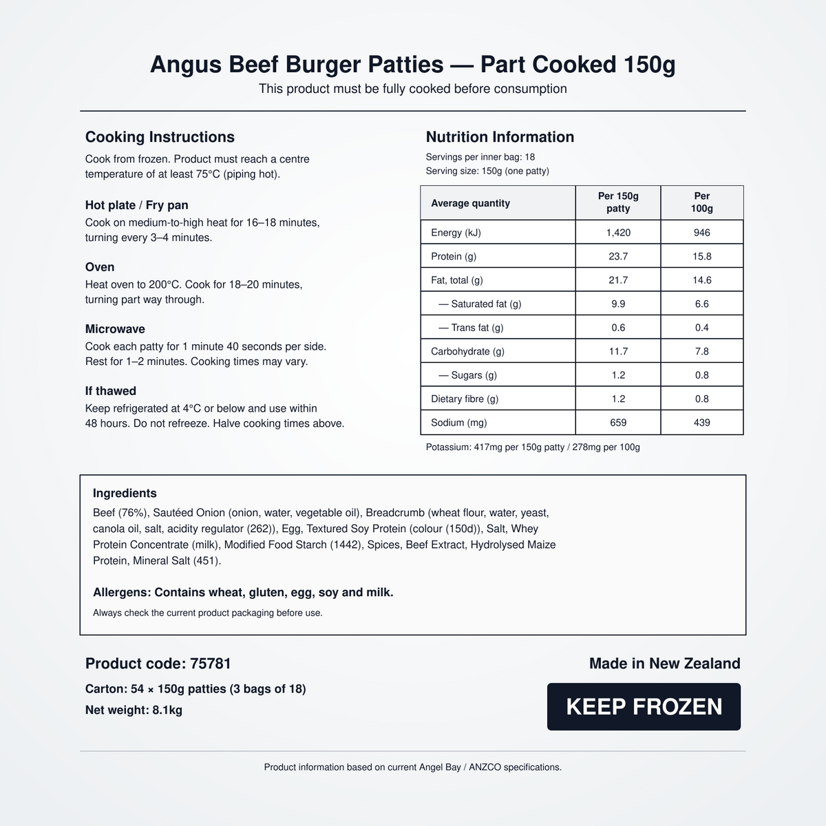 Nutrition information, cooking instructions, ingredients and allergens for Angel Bay Angus Beef Burger Patties 150g
