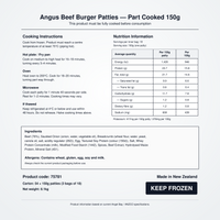 Nutrition information, cooking instructions, ingredients and allergens for Angel Bay Angus Beef Burger Patties 150g

