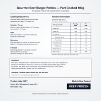 Nutrition information, cooking instructions, ingredients and allergens for Angel Bay Gourmet Beef Burger Patties 100g