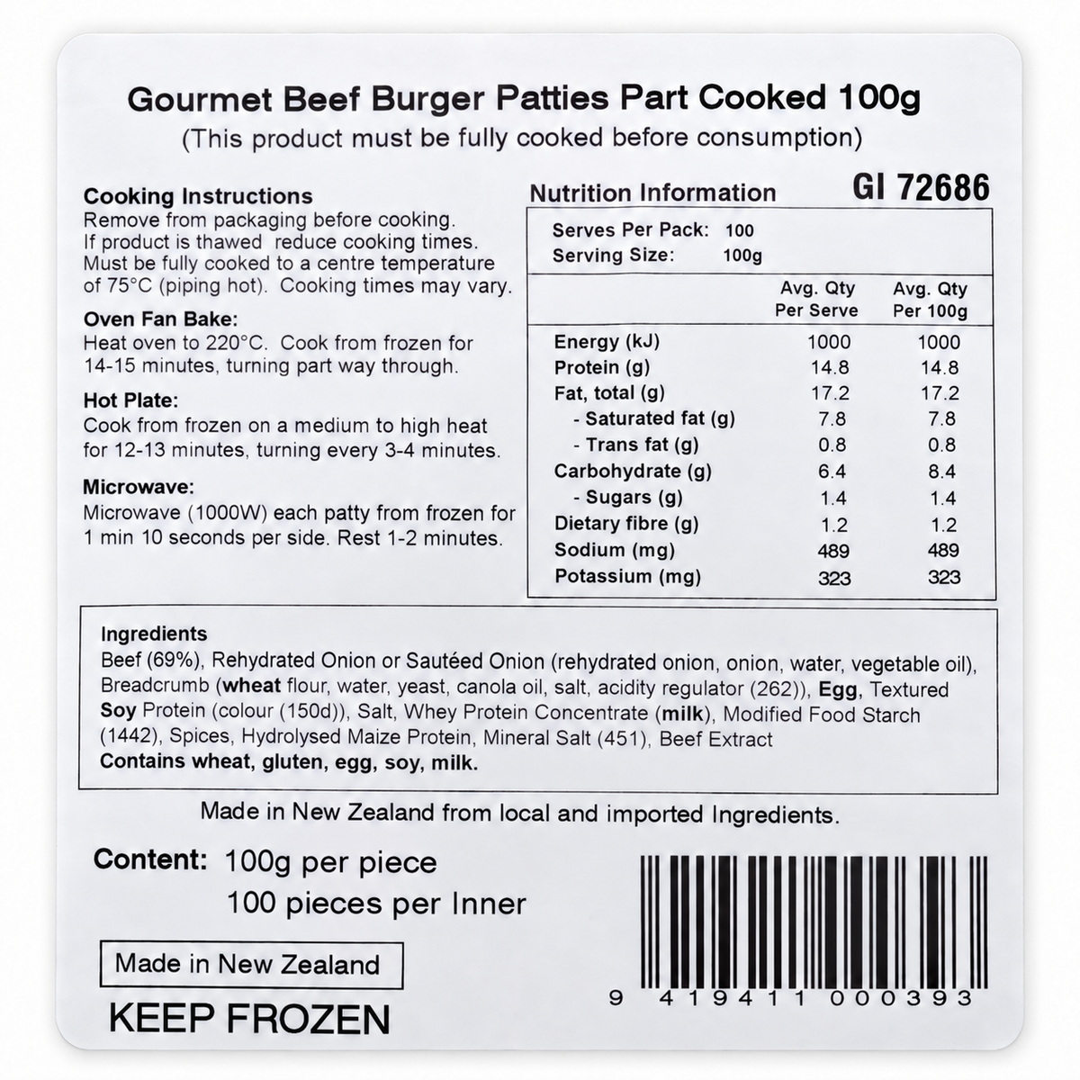 Angel Bay Gourmet Beef Burger Patties 100g nutrition and product label