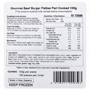 Angel Bay Gourmet Beef Burger Patties 100g nutrition and product label