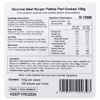 Angel Bay Gourmet Beef Burger Patties 100g nutrition and product label