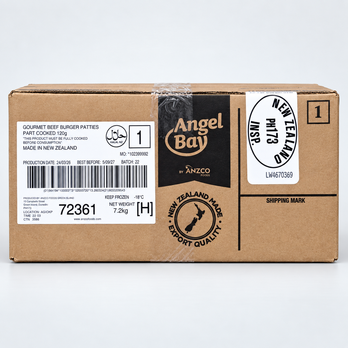 Angel Bay Gourmet Beef Burger Patties 120g carton – 60 patties