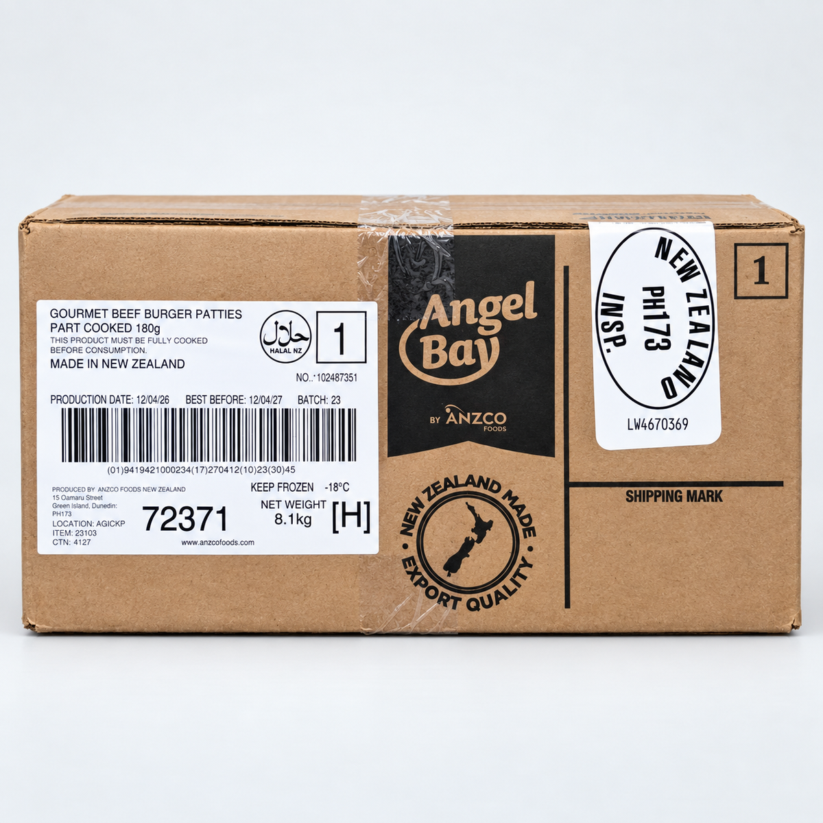 Angel Bay Gourmet Beef Burger Patties 180g carton containing 45 frozen partially cooked patties