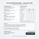 Nutrition information, cooking instructions, ingredients and allergens for Angel Bay Gourmet Beef Burger Patties 180g