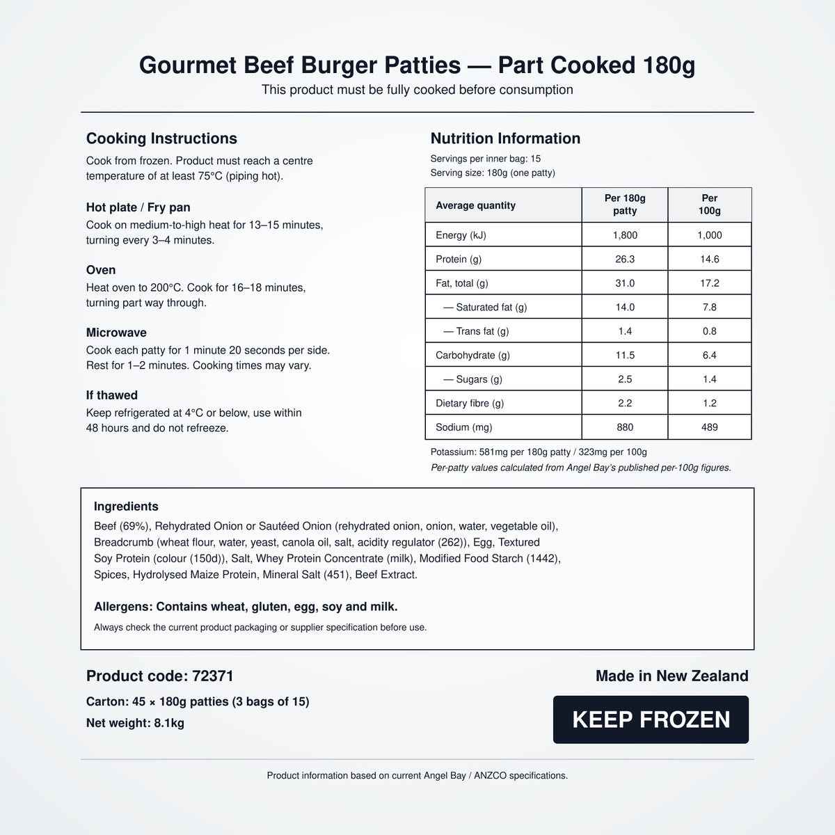 Nutrition information, cooking instructions, ingredients and allergens for Angel Bay Gourmet Beef Burger Patties 180g