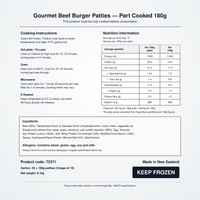 Nutrition information, cooking instructions, ingredients and allergens for Angel Bay Gourmet Beef Burger Patties 180g