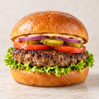 Angel Bay Gourmet Beef Burger Patty 180g served in a burger with lettuce, tomato, pickles and red onion