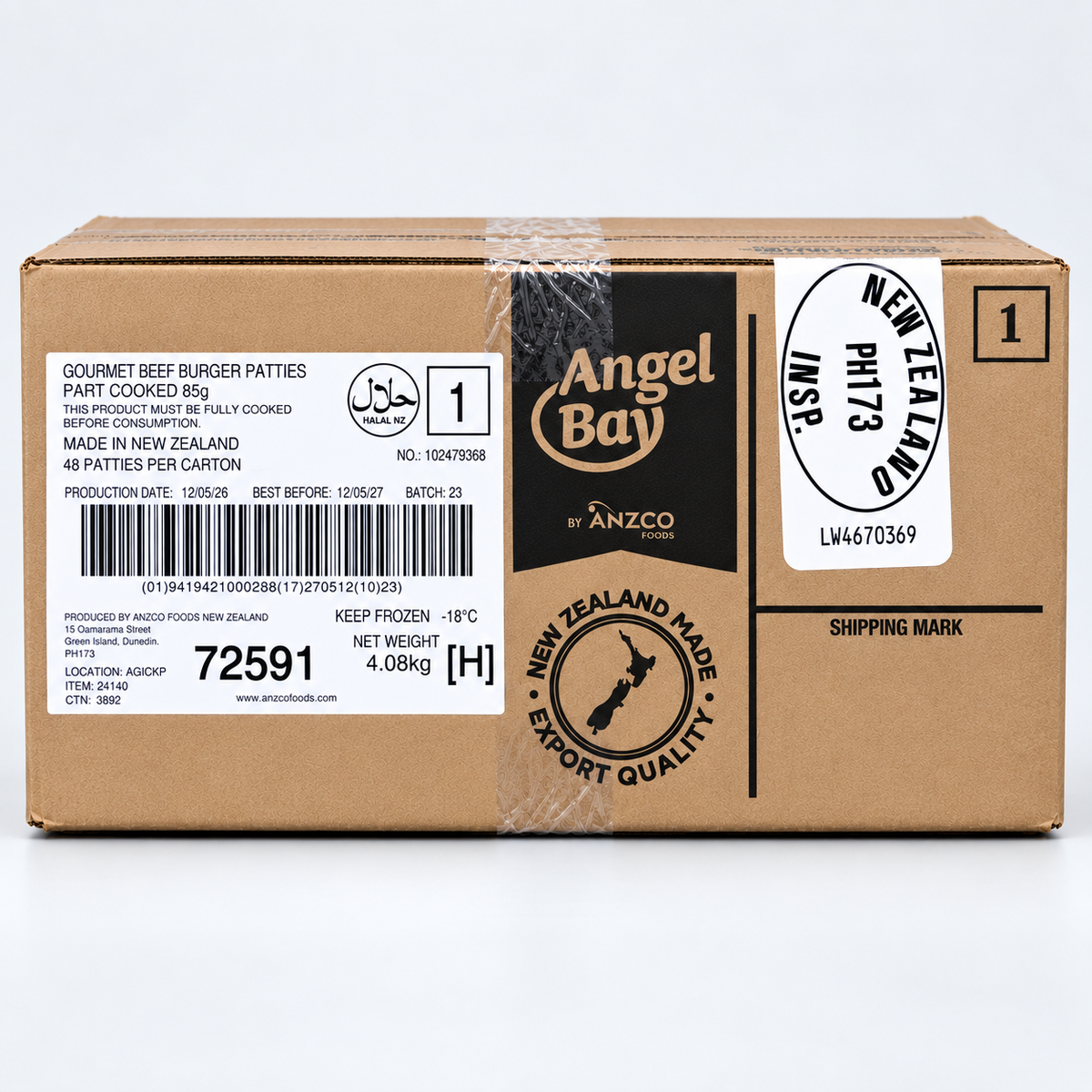 Angel Bay Gourmet Beef Burger Patties 85g carton containing 48 partially cooked frozen patties
