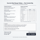 Nutrition information, cooking instructions, ingredients and allergens for Angel Bay Gourmet Beef Burger Patties 85g
