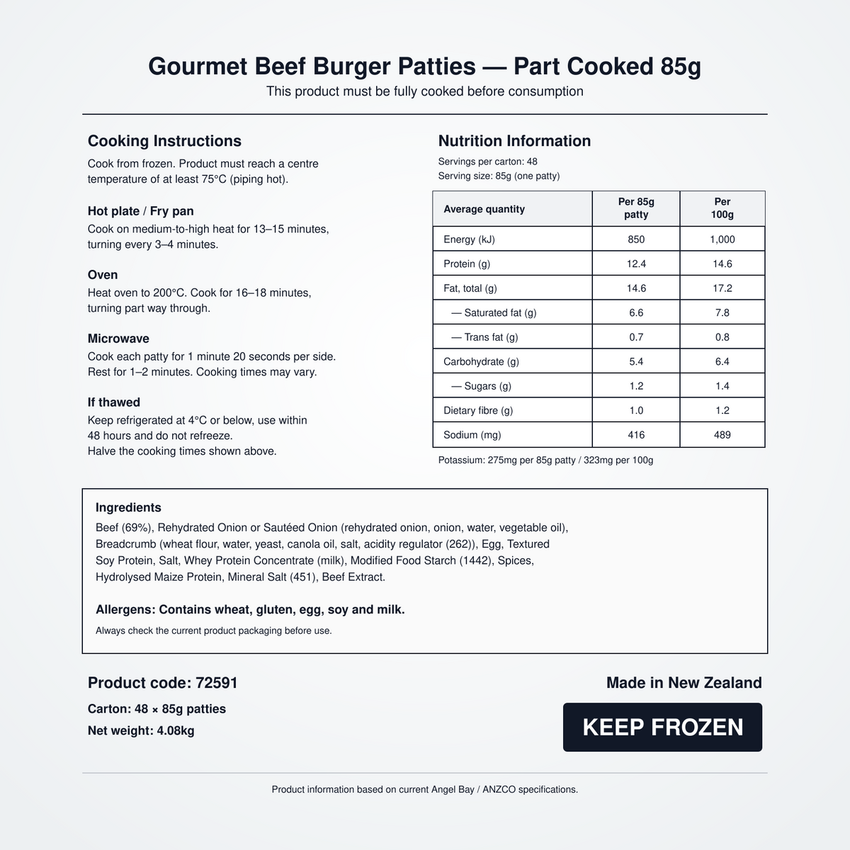 Nutrition information, cooking instructions, ingredients and allergens for Angel Bay Gourmet Beef Burger Patties 85g
