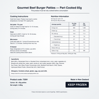 Nutrition information, cooking instructions, ingredients and allergens for Angel Bay Gourmet Beef Burger Patties 85g