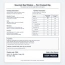 Nutrition information, cooking instructions, ingredients and allergens for Angel Bay Gourmet Beef Sliders 40g
