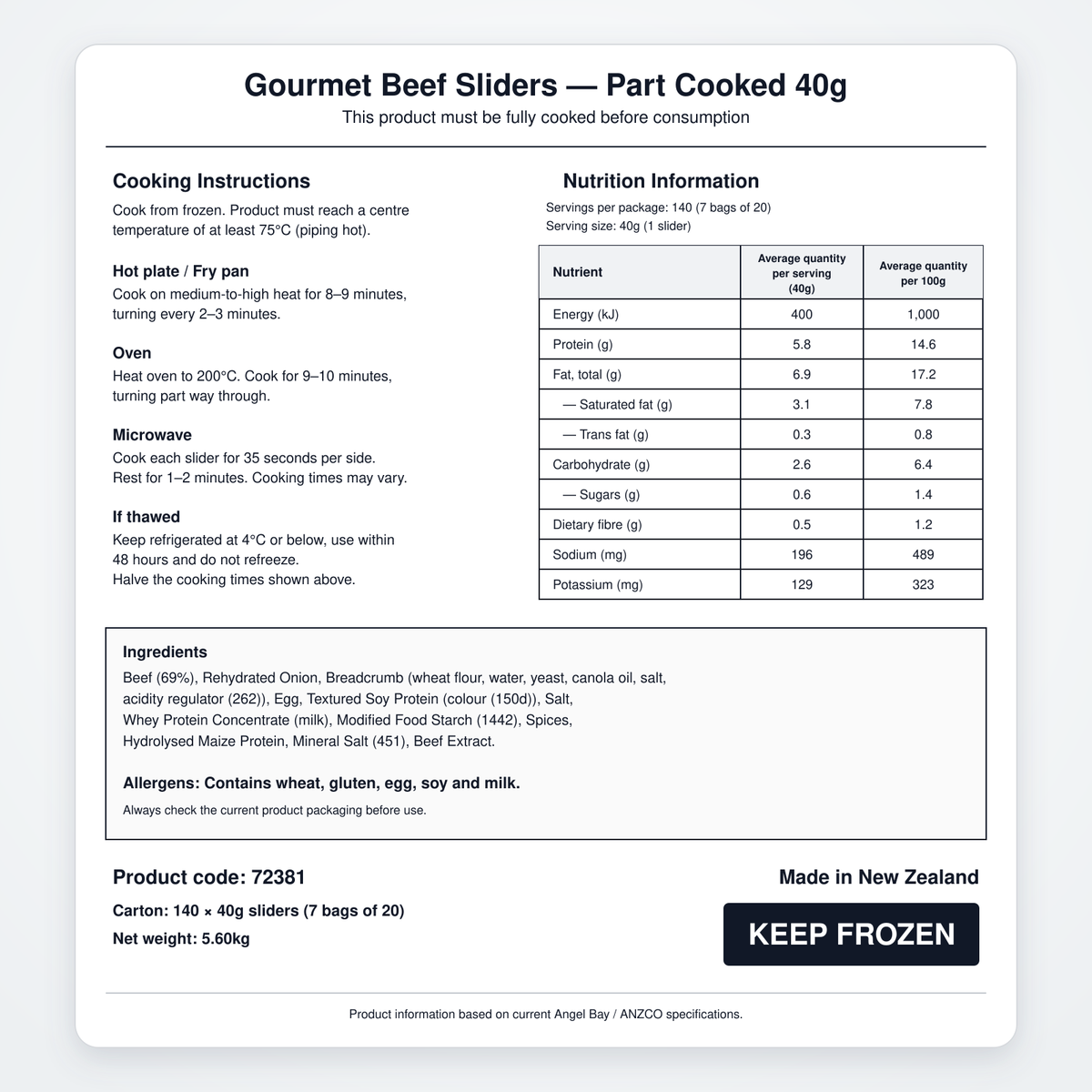 Nutrition information, cooking instructions, ingredients and allergens for Angel Bay Gourmet Beef Sliders 40g