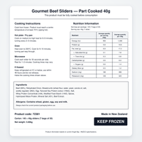 Nutrition information, cooking instructions, ingredients and allergens for Angel Bay Gourmet Beef Sliders 40g