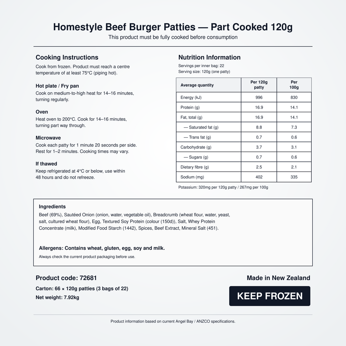 Angel Bay Homestyle Beef Burger Patties 120g nutrition and product information