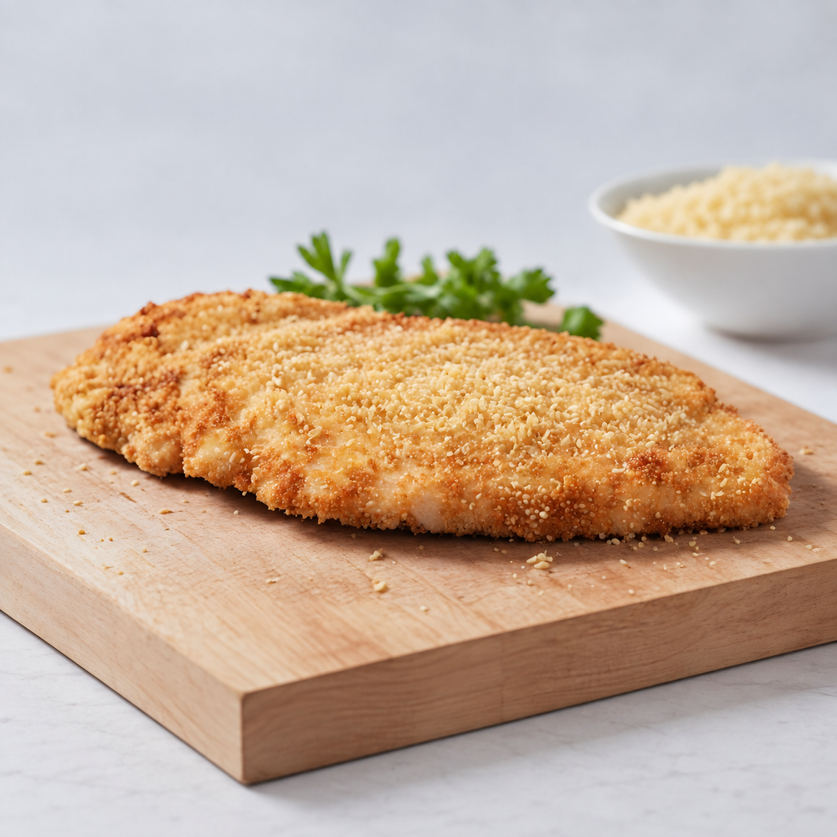 250g crumbed chicken breast schnitzel on a wooden serving board.
