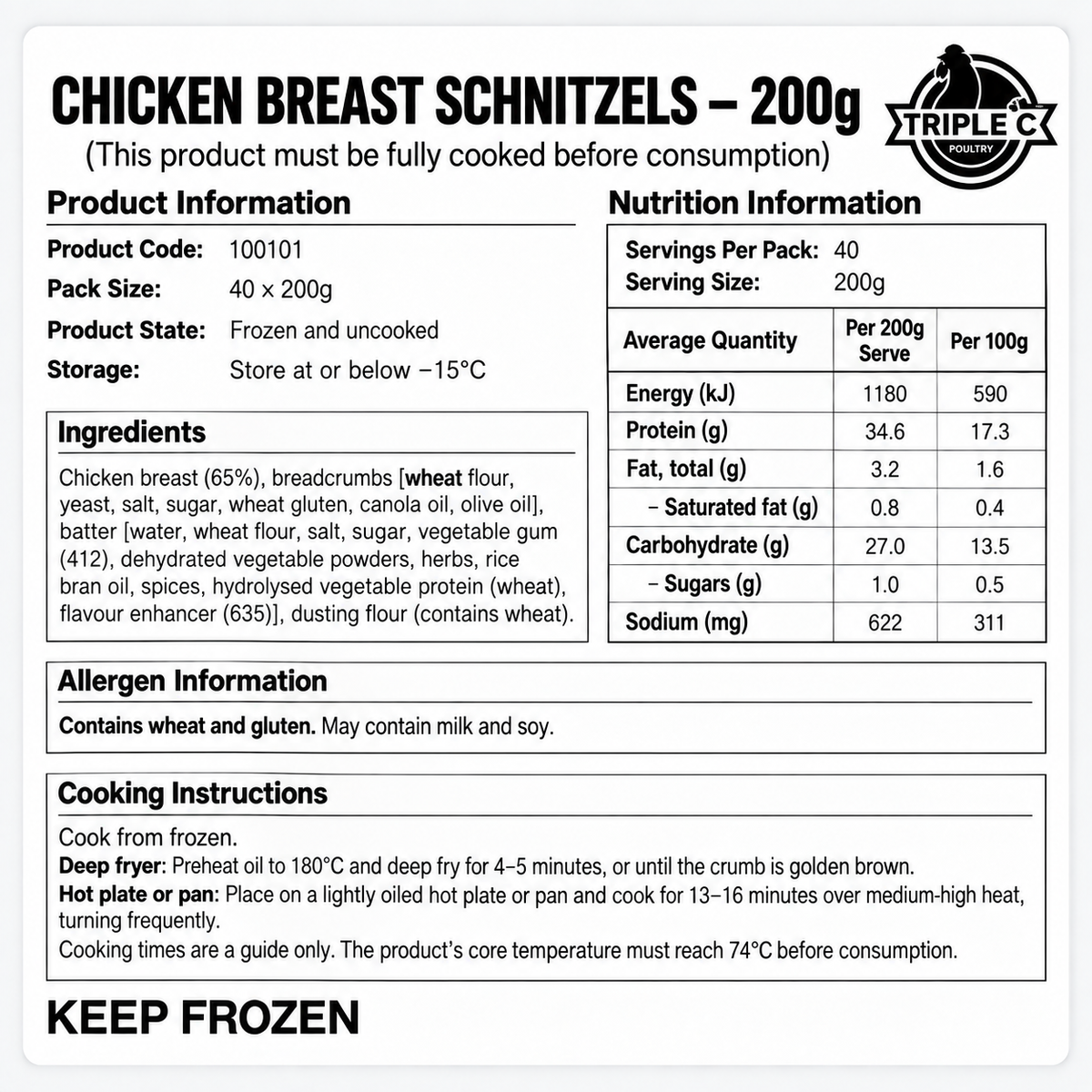 Nutrition information, ingredients and allergens for 200g chicken breast schnitzels, 40 per carton