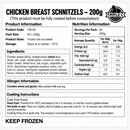 Nutrition information, ingredients and allergens for 200g chicken breast schnitzels, 40 per carton