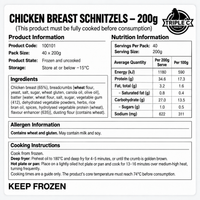 Nutrition information, ingredients and allergens for 200g chicken breast schnitzels, 40 per carton
