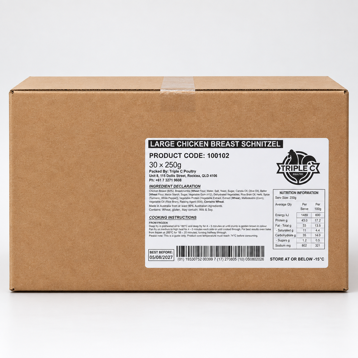 Triple C Poultry carton of 30 × 250g chicken breast schnitzels, showing the product label on the front.
