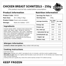 Nutrition, ingredients and cooking information for Triple C Poultry 250g chicken breast schnitzels, supplied in cartons of 30.
