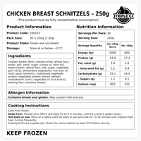 Nutrition, ingredients and cooking information for Triple C Poultry 250g chicken breast schnitzels, supplied in cartons of 30.
