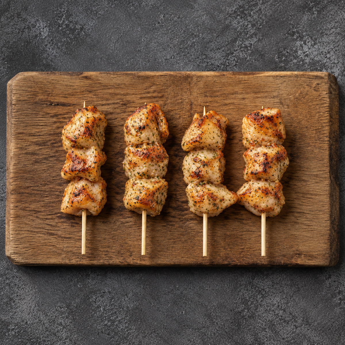 Cooked Cocktail Chicken Kebabs 60g on wooden board – Triple C Poultry