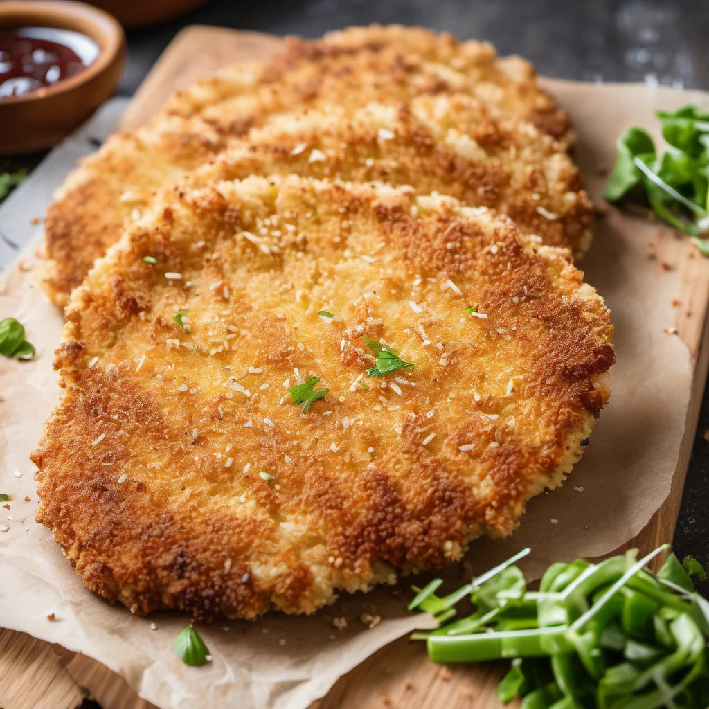 Cooked 200g crumbed chicken breast schnitzels serving suggestion – 40 per carton