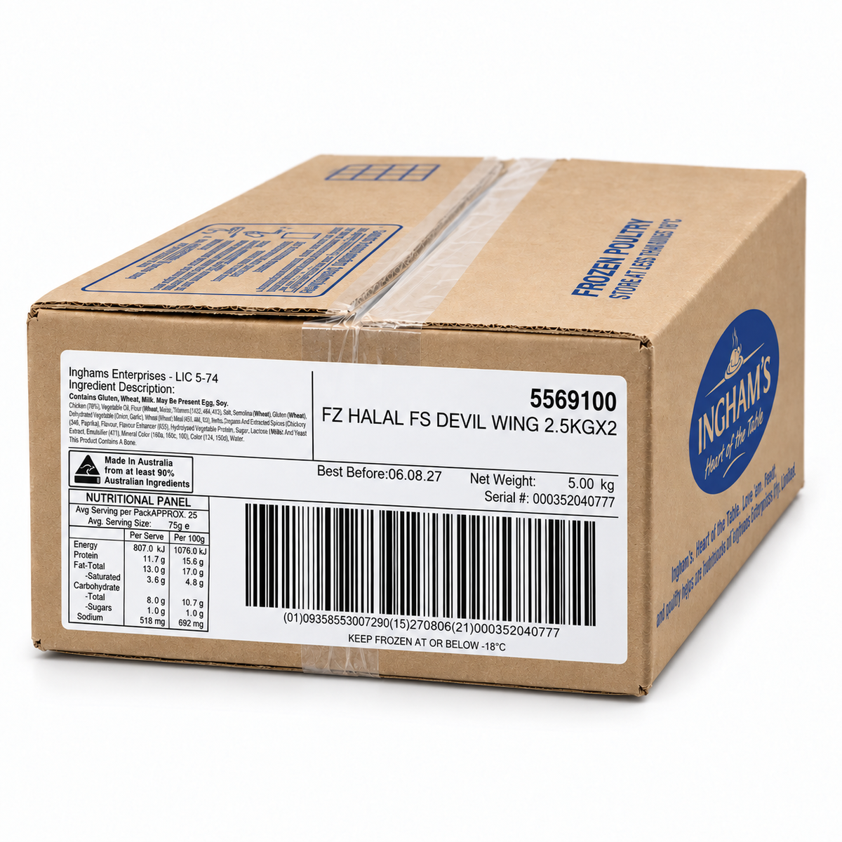 Ingham’s Devil Chicken Wing Dings 5kg carton containing two 2.5kg packs, showing the front product label.